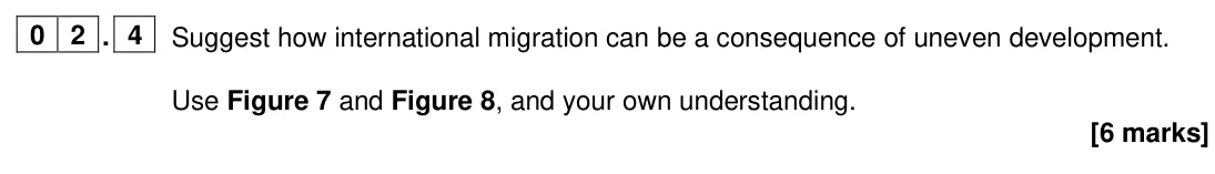 June 2024 Paper 2, question 02.4: Suggest how international migration can be a consequence of uneven development. Use Figure 7 and Figure 8, and your own understanding. [6 marks]
