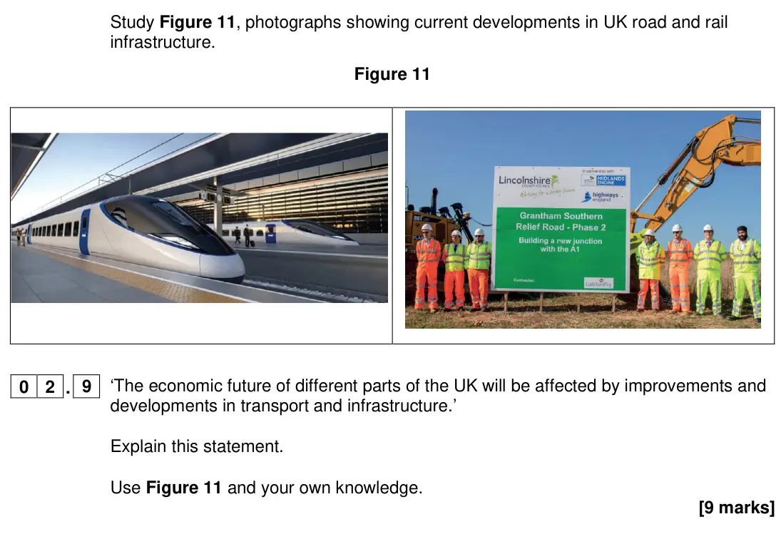 June 2024 Paper 2, question 02.9: ‘The economic future of different parts of the UK will be affected by improvements and developments in transport and infrastructure.’ Explain this statement. Us