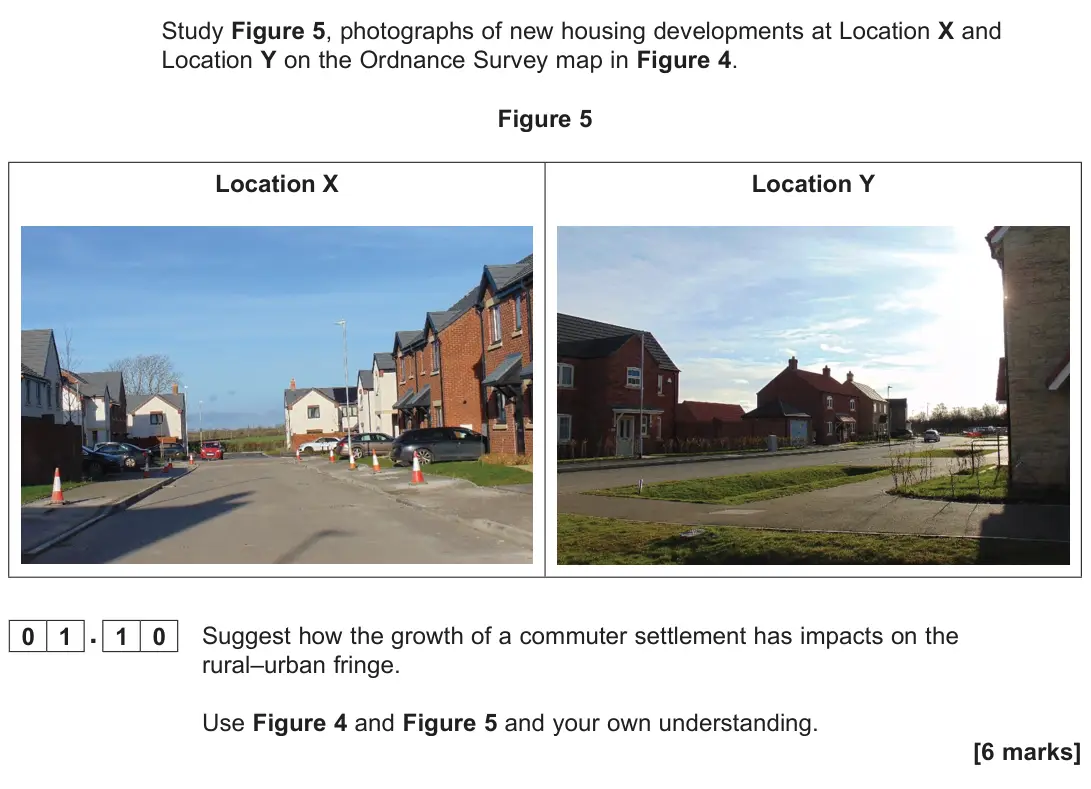 June 2025 Paper 2, question 01.10: Suggest how the growth of a commuter settlement has impacts on the rural–urban fringe. Use Figure 4 and Figure 5 and your own understanding. [6 marks]
