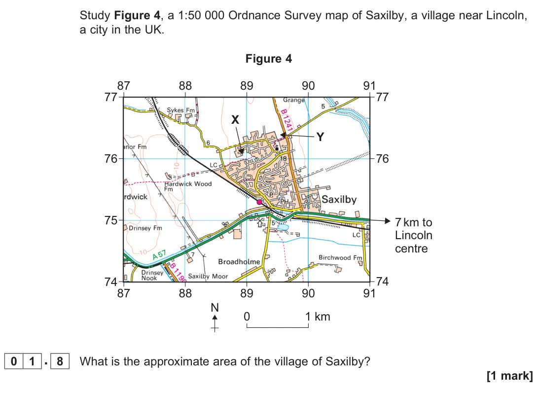 June 2025 Paper 2, question 01.8: What is the approximate area of the village of Saxilby? [1 mark]