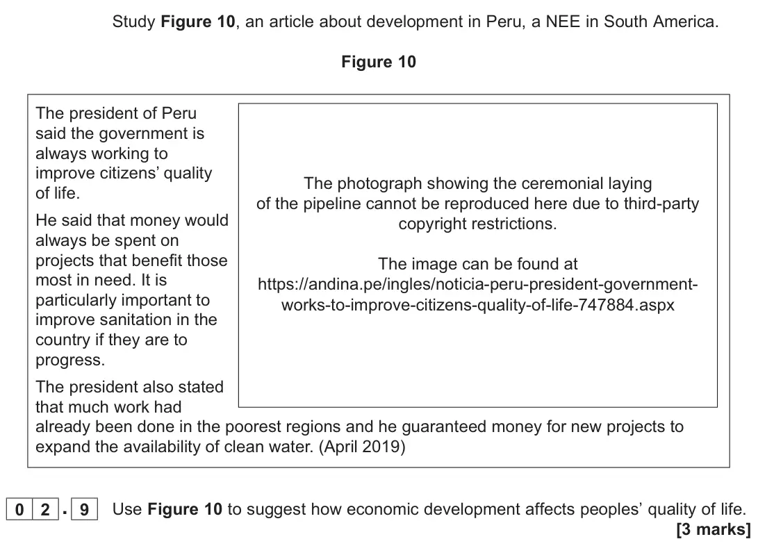 June 2025 Paper 2, question 02.9: Use Figure 10 to suggest how economic development affects peoples’ quality of life. [3 marks]