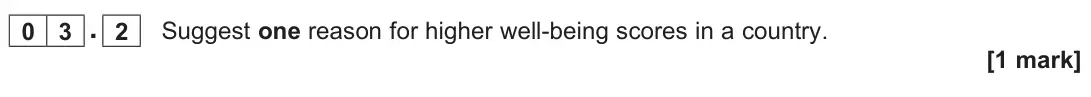June 2025 Paper 2, question 03.2: Suggest one reason for higher well-being scores in a country. [1 mark]