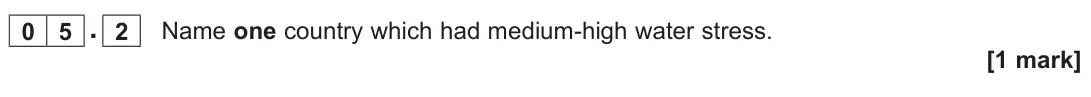 June 2025 Paper 2, question 05.2: Name one country which had medium-high water stress. [1 mark]