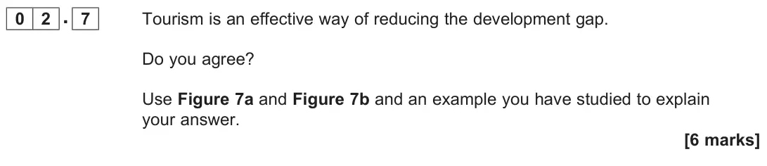 November 2020 Paper 2, question 02.7: Tourism is an effective way of reducing the development gap. Do you agree? Use Figure 7a and Figure 7b and an example you have studied to explain your answer. [