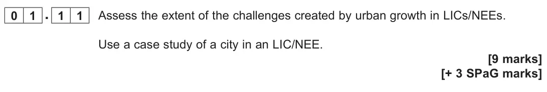 November 2021 Paper 2, question 01.11: Assess the extent of the challenges created by urban growth in LICs/NEEs. Use a case study of a city in an LIC/NEE. [9 marks]