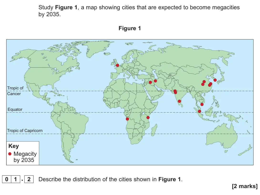November 2021 Paper 2, question 01.2: Describe the distribution of the cities shown in Figure 1. [2 marks]