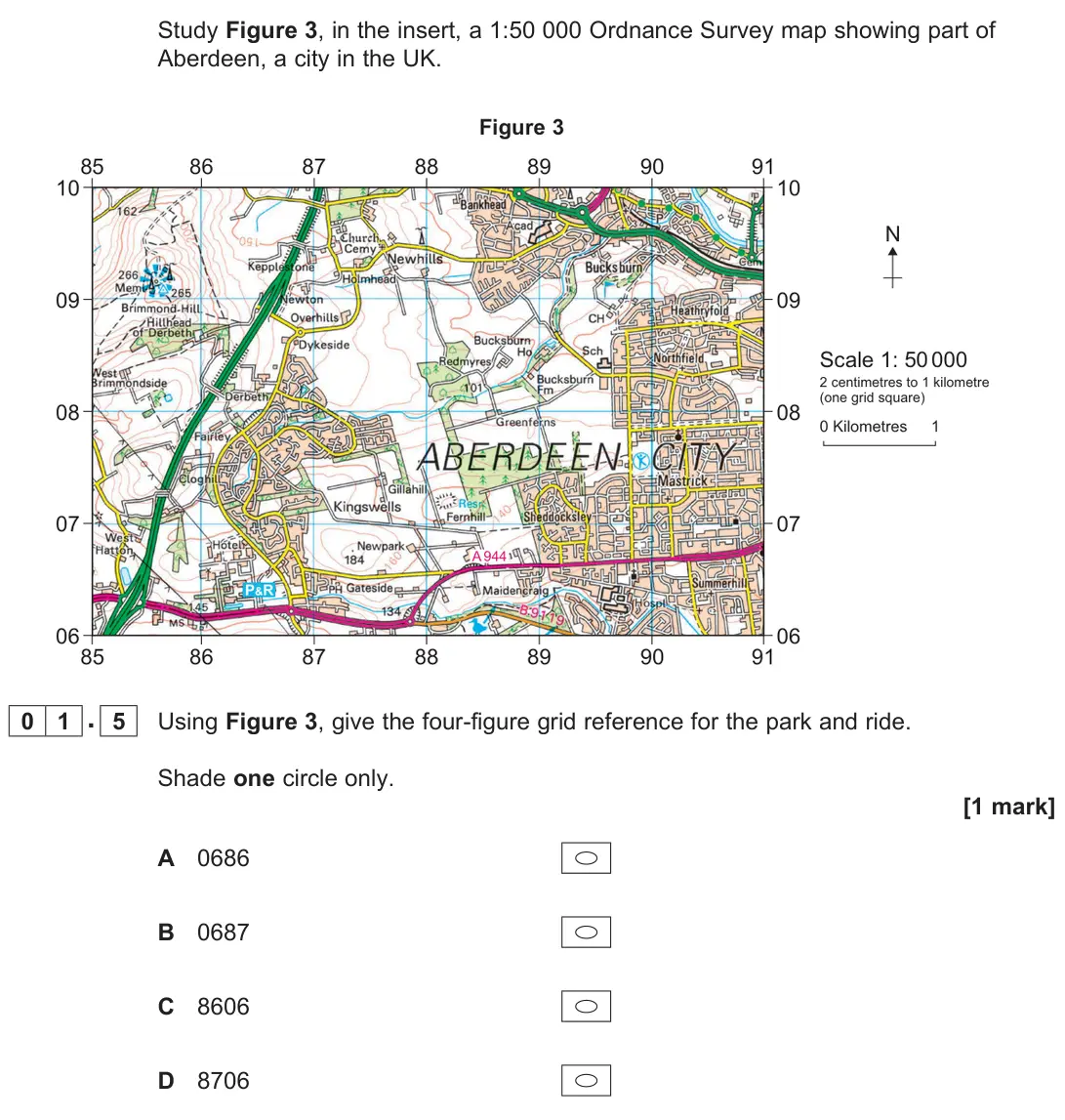 November 2021 Paper 2, question 01.5: Using Figure 3, give the four-figure grid reference for the park and ride. Shade one circle only. [1 mark]
