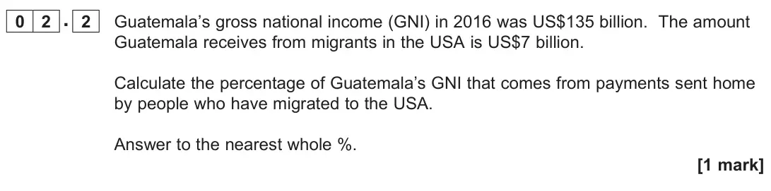 November 2021 Paper 2, question 02.2: Guatemala’s gross national income (GNI) in 2016 was US$135 billion. The amount Guatemala receives from migrants in the USA is US$7 billion. Calculate the percen
