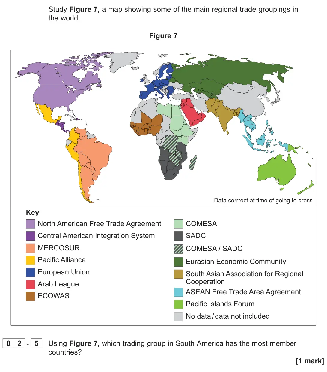 November 2021 Paper 2, question 02.5: Using Figure 7, which trading group in South America has the most member countries? [1 mark]