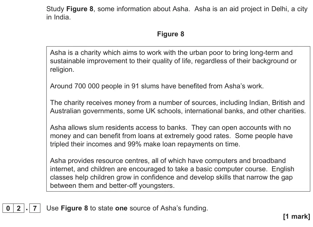November 2021 Paper 2, question 02.7: Use Figure 8 to state one source of Asha’s funding. [1 mark]