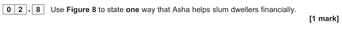 November 2021 Paper 2, question 02.8: Use Figure 8 to state one way that Asha helps slum dwellers financially. [1 mark]