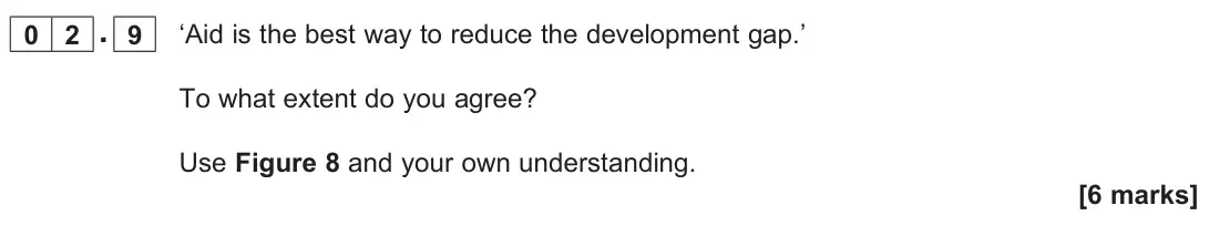 November 2021 Paper 2, question 02.9: ‘Aid is the best way to reduce the development gap.’ To what extent do you agree? Use Figure 8 and your own understanding. [6 marks]