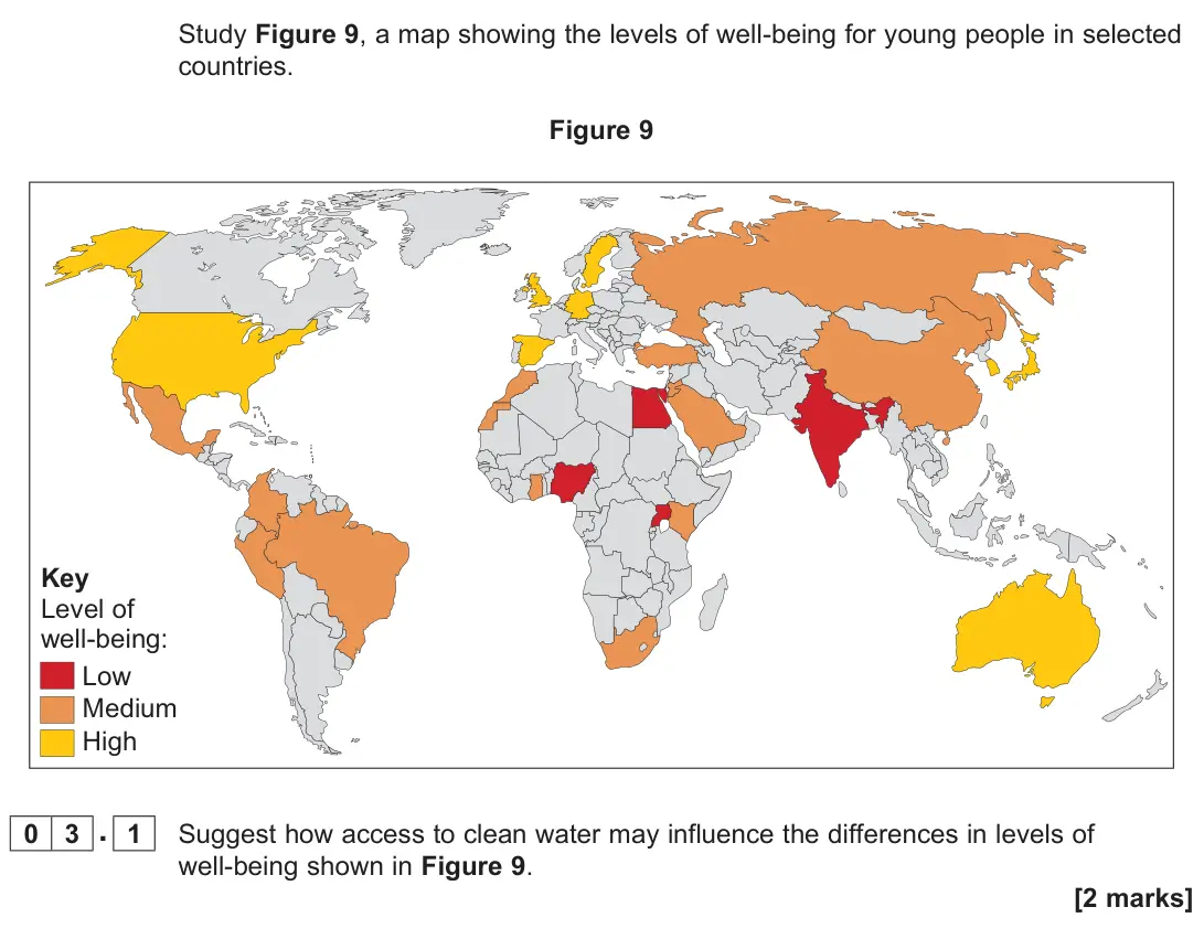 November 2021 Paper 2, question 03.1: Suggest how access to clean water may influence the differences in levels of well-being shown in Figure 9. [2 marks]