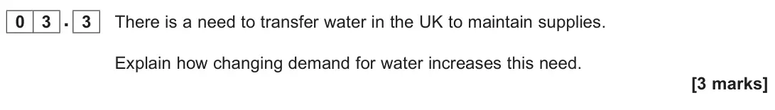 November 2021 Paper 2, question 03.3: There is a need to transfer water in the UK to maintain supplies. Explain how changing demand for water increases this need. [3 marks]