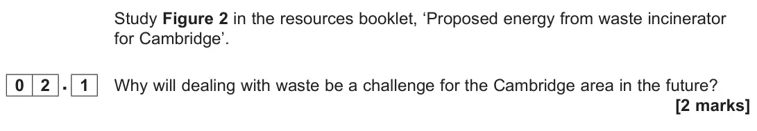 June 2022 Paper 3, question 02.1: Why will dealing with waste be a challenge for the Cambridge area in the future? [2 marks]