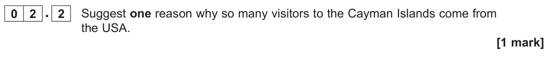 June 2023 Paper 3, question 02.2: Suggest one reason why so many visitors to the Cayman Islands come from the USA. [1 mark]
