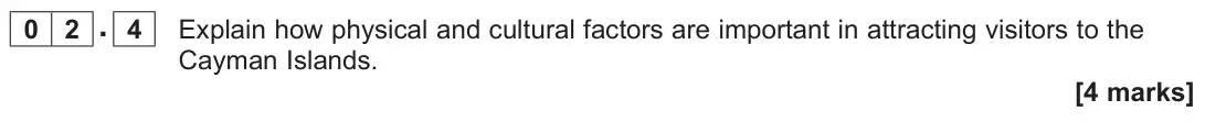 June 2023 Paper 3, question 02.4: Explain how physical and cultural factors are important in attracting visitors to the Cayman Islands. [4 marks]