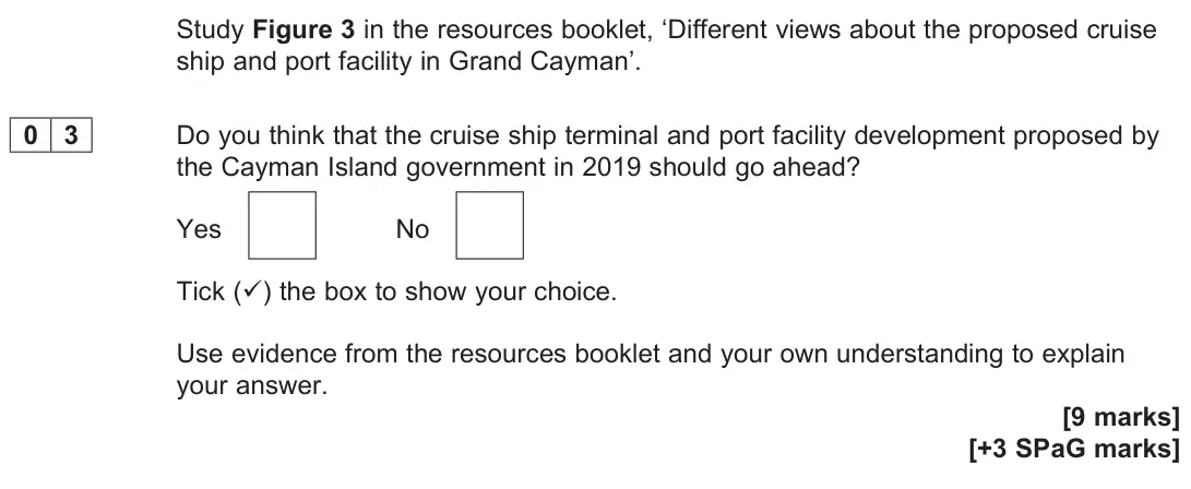 June 2023 Paper 3, question 03: Do you think that the cruise ship terminal and port facility development proposed by the Cayman Island government in 2019 should go ahead? Yes No Tick () the b