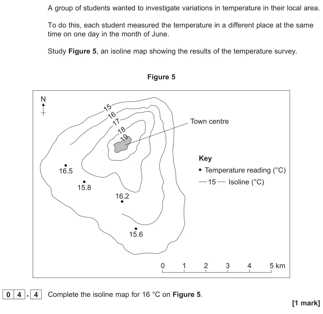 June 2023 Paper 3, question 04.4: Complete the isoline map for 16 °C on Figure 5. [1 mark]
