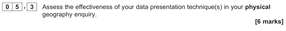 June 2023 Paper 3, question 05.3: Assess the effectiveness of your data presentation technique(s) in your physical geography enquiry. [6 marks]