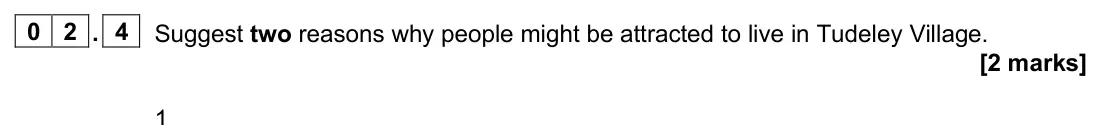 June 2024 Paper 3, question 02.4: Suggest two reasons why people might be attracted to live in Tudeley Village. [2 marks]