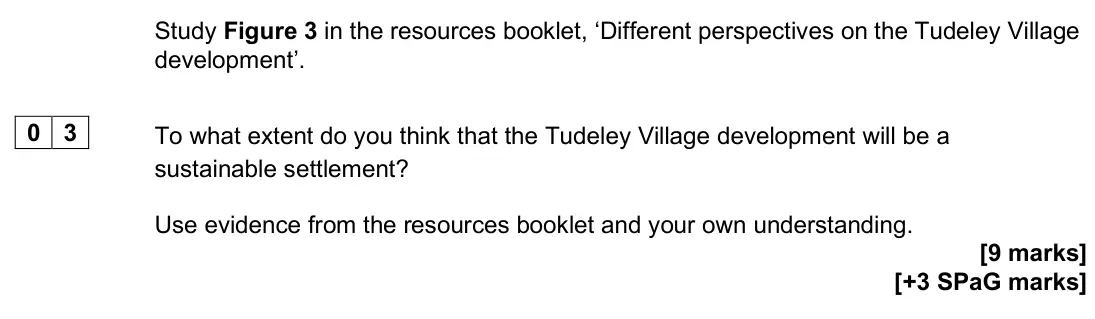 June 2024 Paper 3, question 03: To what extent do you think that the Tudeley Village development will be a sustainable settlement? Use evidence from the resources booklet and your own understa