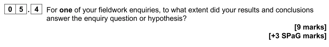 June 2024 Paper 3, question 05.4: For one of your fieldwork enquiries, to what extent did your results and conclusions answer the enquiry question or hypothesis? [9 marks]