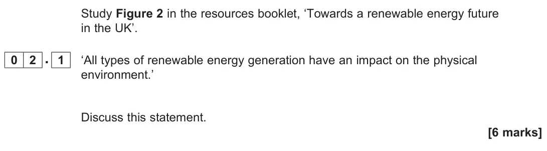 June 2025 Paper 3, question 02.1: ‘All types of renewable energy generation have an impact on the physical environment.’ Discuss this statement. [6 marks]