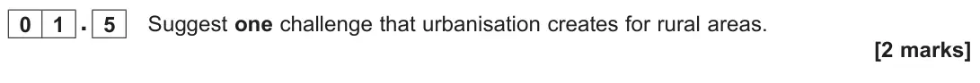 November 2020 Paper 3, question 01.5: Suggest one challenge that urbanisation creates for rural areas. [2 marks]