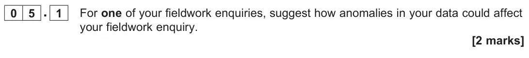 November 2020 Paper 3, question 05.1: For one of your fieldwork enquiries, suggest how anomalies in your data could affect your fieldwork enquiry. [2 marks]