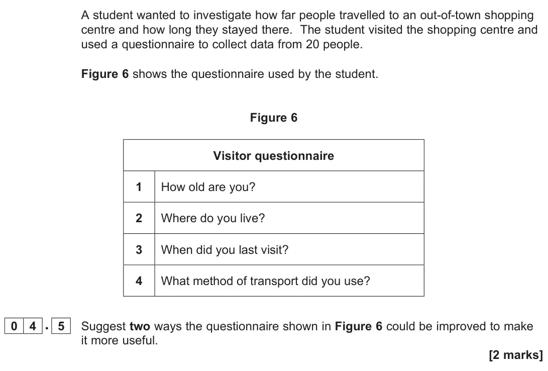 November 2021 Paper 3, question 04.5: Suggest two ways the questionnaire shown in Figure 6 could be improved to make it more useful. [2 marks]