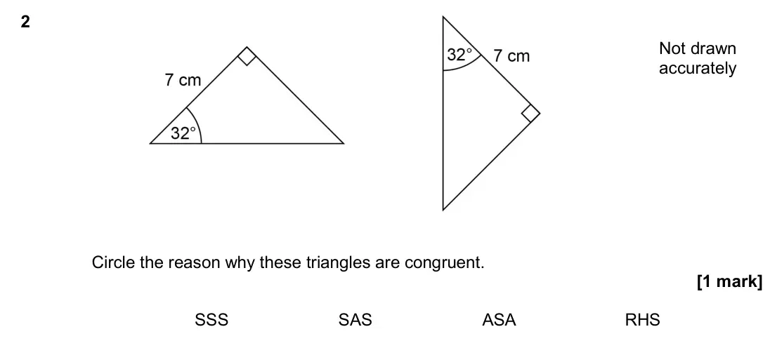 June 2017 Paper 1H, question 2: Circle the reason why these triangles are congruent. SSS SAS ASA RHS Not drawn accurately