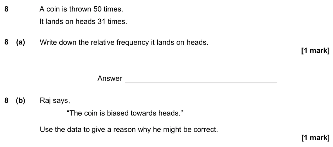 June 2018 Paper 1H, question 8: A coin is thrown 50 times. It lands on heads 31 times. 8 (a) Write down the relative frequency it lands on heads. Answer 8 (b) Raj says, “The coin is biased tow
