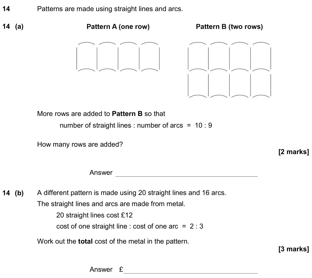 June 2018 Paper 1H, question 14: Patterns are made using straight lines and arcs. 14 (a) More rows are added to Pattern B so that number of straight lines : number of arcs = 10 : 9 How many row