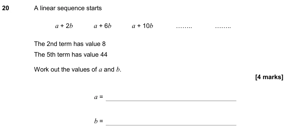 June 2018 Paper 1H, question 20: A linear sequence starts a + 2b a + 6b a + 10b …….. …….. The 2nd term has value 8 The 5th term has value 44 Work out the values of a and b. a = b =