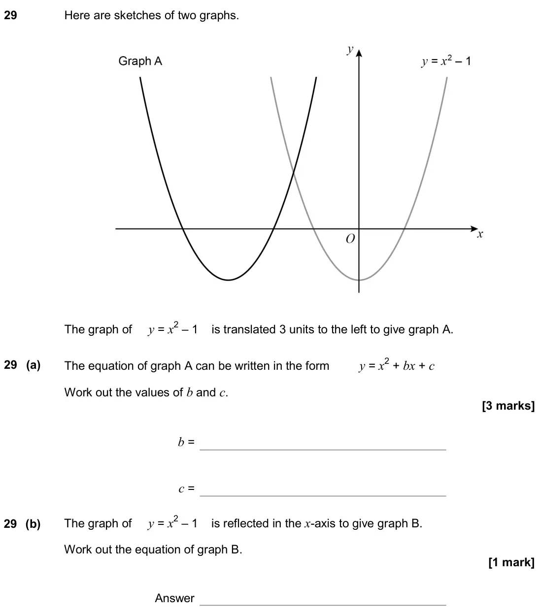June 2018 Paper 1H, question 29: Here are sketches of two graphs. The graph of y = x2 – 1 is translated 3 units to the left to give graph A. 29 (a) The equation of graph A can be written in the
