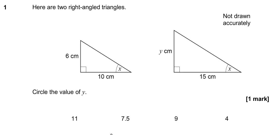 June 2019 Paper 1H, question 1: Here are two right-angled triangles. Circle the value of y. 11 7.5 9 4 Not drawn accurately 2