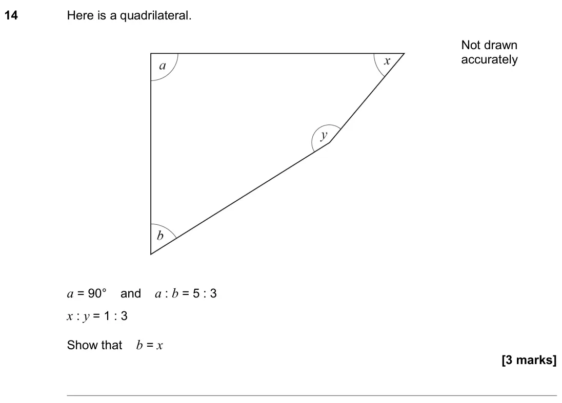 June 2019 Paper 1H, question 14: Here is a quadrilateral. a = 90° and a : b = 5 : 3 x : y = 1 : 3 Show that b = x Not drawn accurately