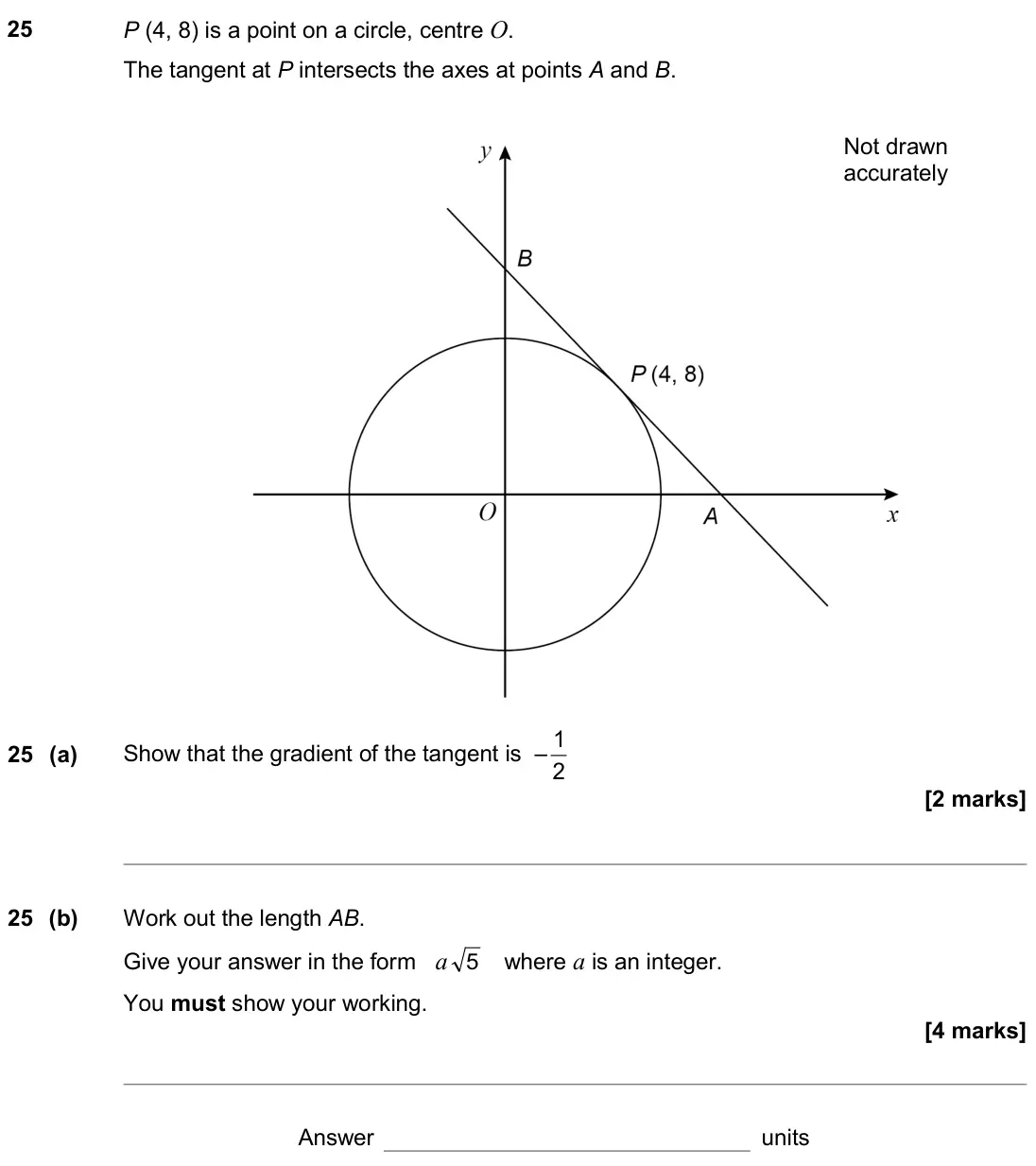 June 2019 Paper 1H, question 25: P (4, 8) is a point on a circle, centre O. The tangent at P intersects the axes at points A and B. Not drawn accurately 25 (a) Show that the gradient of the tan