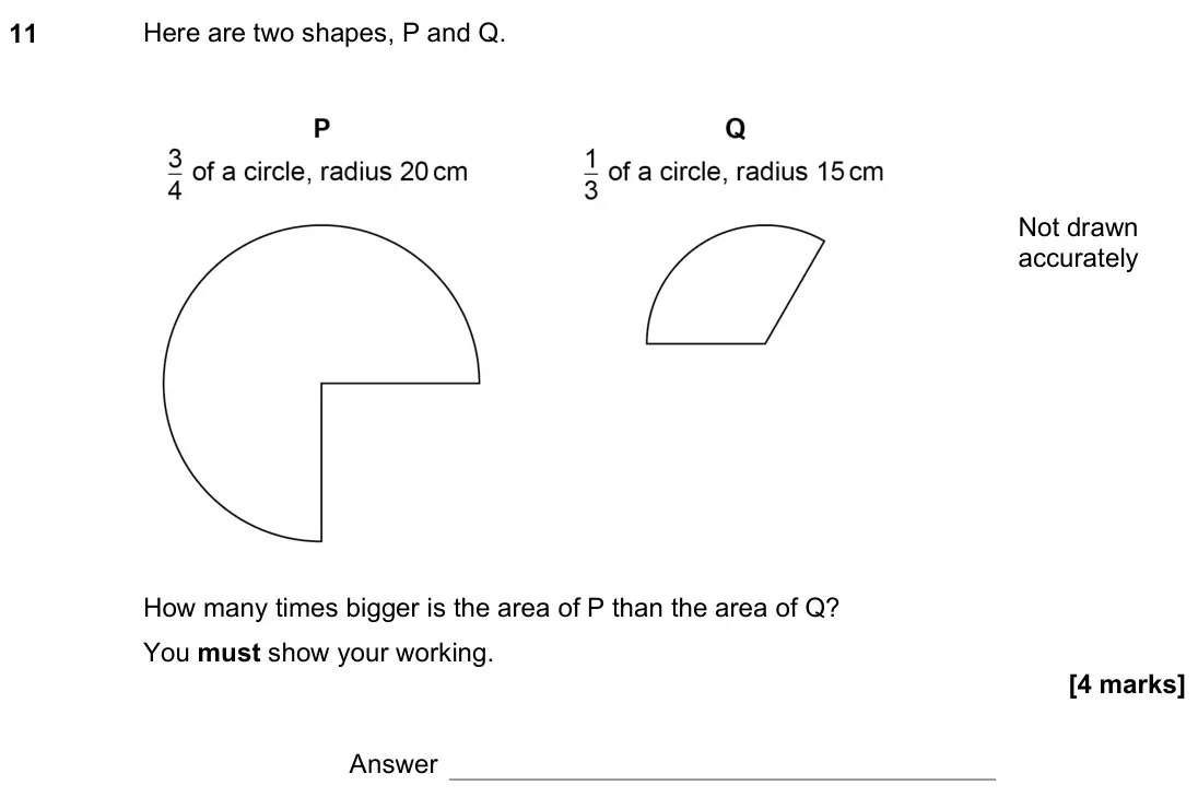 June 2022 Paper 1H, question 11: Here are two shapes, P and Q. Not drawn accurately How many times bigger is the area of P than the area of Q? You must show your working. Answer