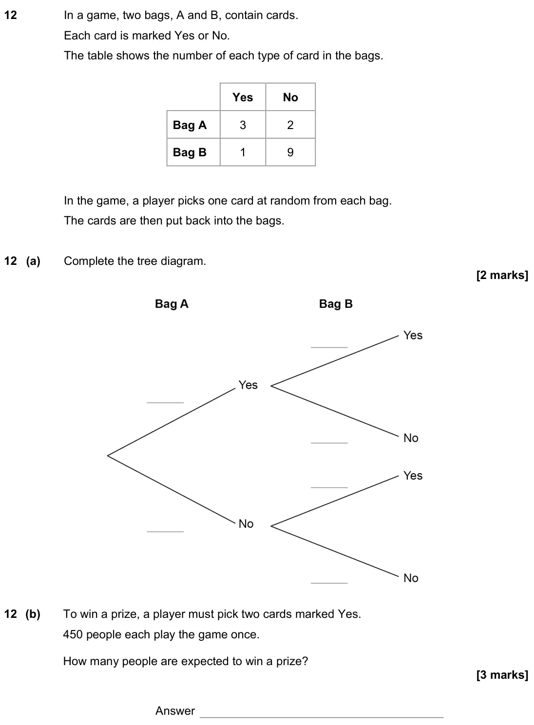 June 2022 Paper 1H, question 12: In a game, two bags, A and B, contain cards. Each card is marked Yes or No. The table shows the number of each type of card in the bags. Yes No Bag A 3 2 Bag B
