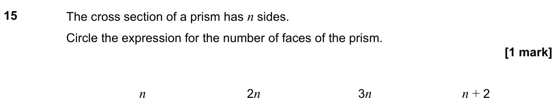 June 2022 Paper 1H, question 15: The cross section of a prism has n sides. Circle the expression for the number of faces of the prism. n 2n 3n n + 2