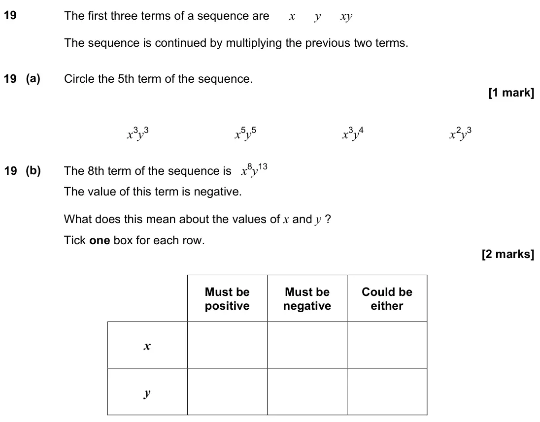 June 2022 Paper 1H, question 19: The first three terms of a sequence are x y xy The sequence is continued by multiplying the previous two terms. 19 (a) Circle the 5th term of the sequence. x3y3