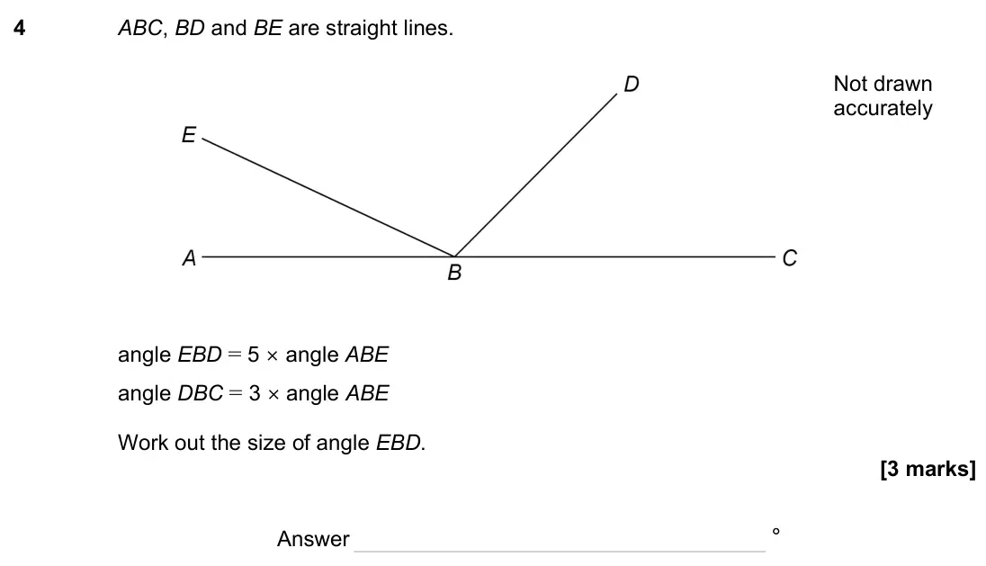 June 2023 Paper 1H, question 4: ABC, BD and BE are straight lines. angle EBD = 5 × angle ABE angle DBC = 3 × angle ABE Work out the size of angle EBD. Not drawn accurately Answer °