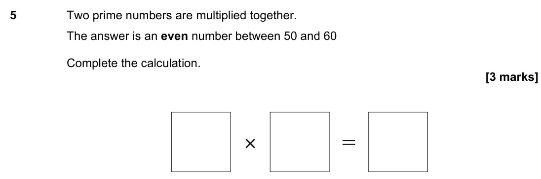 June 2023 Paper 1H, question 5: Two prime numbers are multiplied together. The answer is an even number between 50 and 60 Complete the calculation. × =