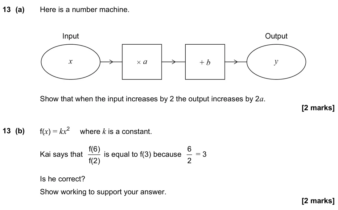 June 2023 Paper 1H, question 13: (a) Here is a number machine. Show that when the input increases by 2 the output increases by 2a. 13 (b) f(x) = kx2 where k is a constant. Kai says that f f is 
