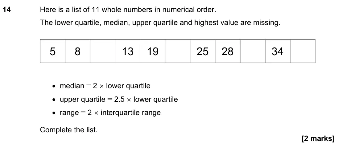 June 2023 Paper 1H, question 14: Here is a list of 11 whole numbers in numerical order. The lower quartile, median, upper quartile and highest value are missing. 5 8 13 19 25 28 34 • median = 2