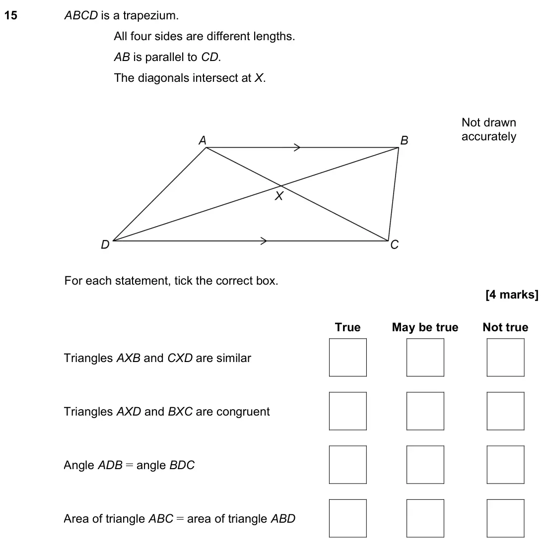 June 2023 Paper 1H, question 15: ABCD is a trapezium. All four sides are different lengths. AB is parallel to CD. The diagonals intersect at X. Not drawn accurately For each statement, tick the