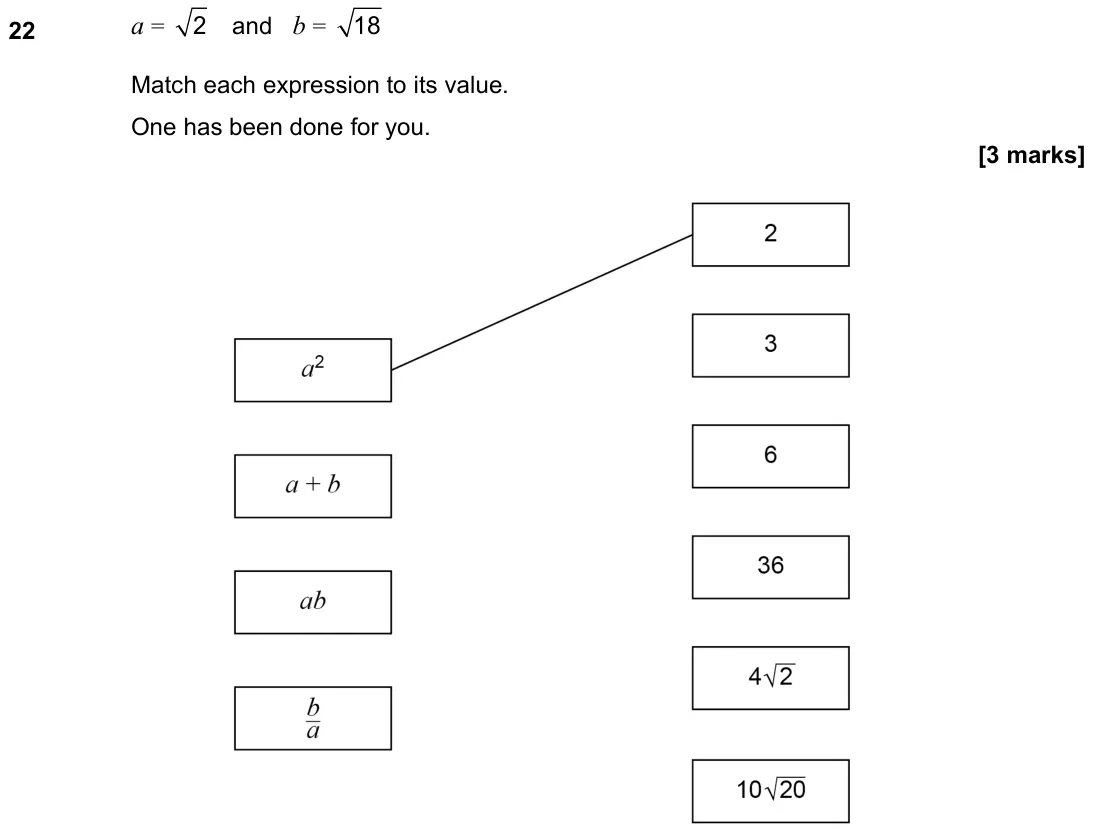 June 2023 Paper 1H, question 22: a = 2 and b = 18 Match each expression to its value. One has been done for you.