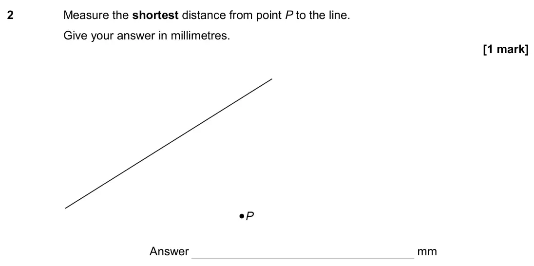 June 2024 Paper 1H, question 2: Measure the shortest distance from point P to the line. Give your answer in millimetres. Answer mm